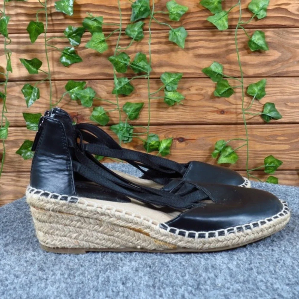 Kenneth Cole Reaction Clo Women‎ 6 Black Faux Leather Espadrille Wedge Flats